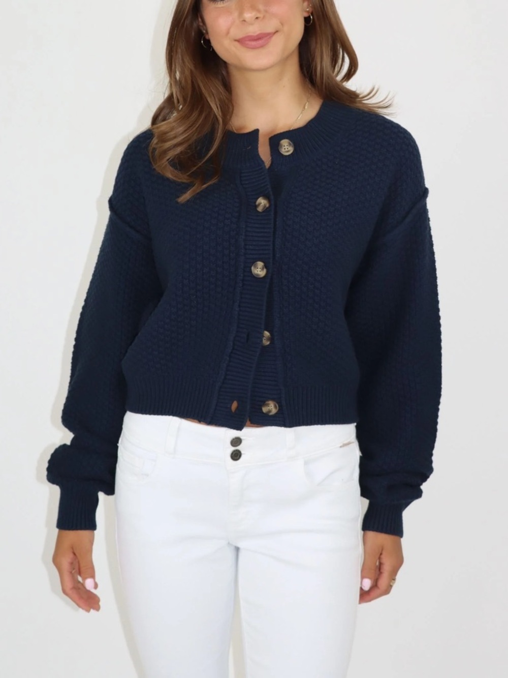 SOLD People Lila Crop Cardigan in Navy Blue